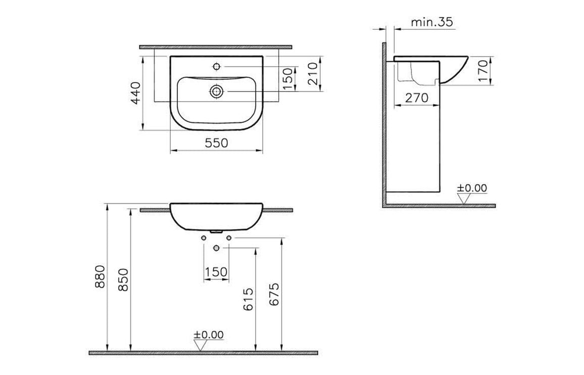 VitrA S20 550x445mm Semi Recessed Basin - White VTPB1072