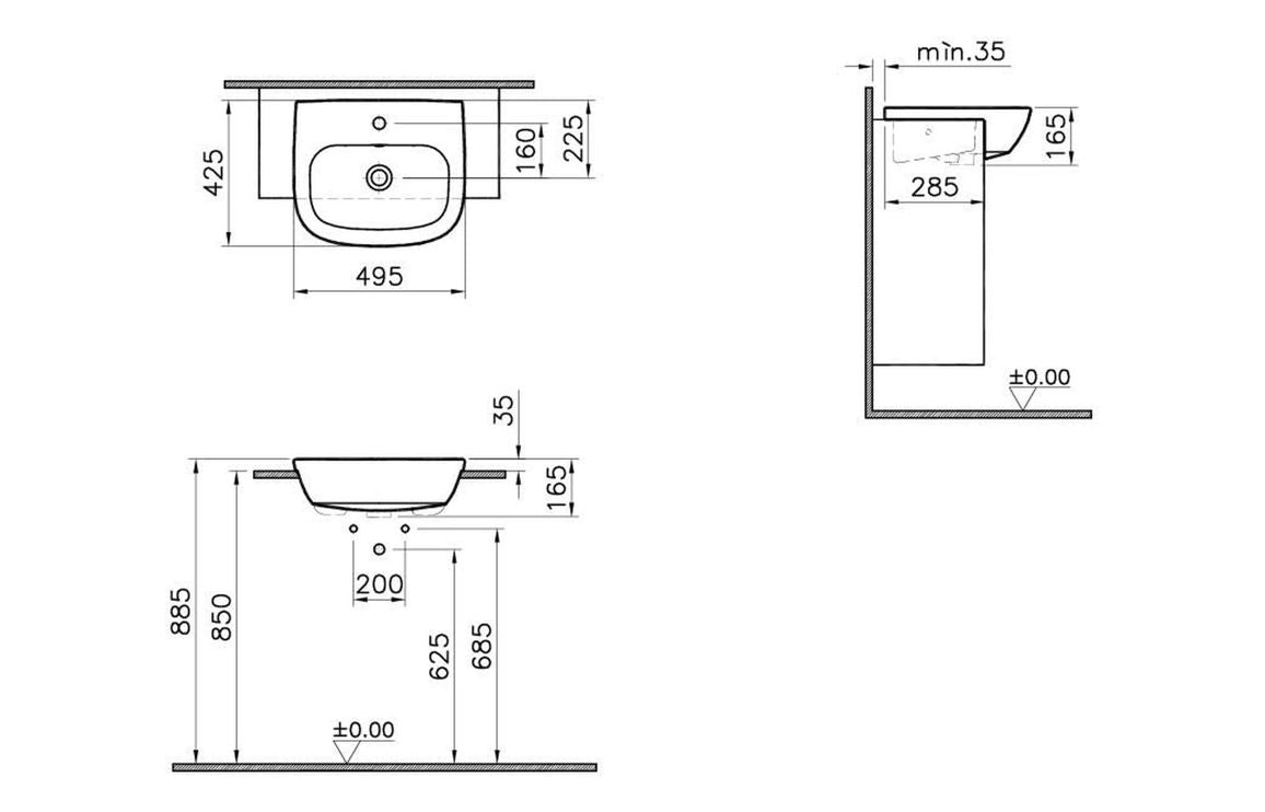 VitrA Zentrum 495x425mm 1TH Semi Recessed Basin - White VTPB1022
