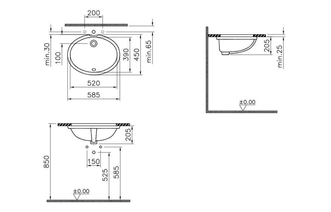 VitrA S20 580x450mm 0TH Undercounter Basin - White VTPB1080