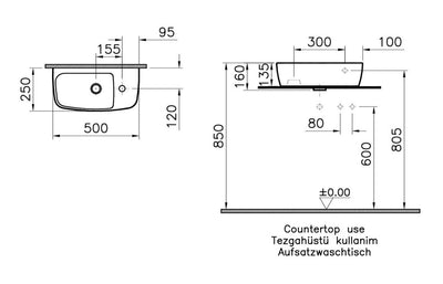 VitrA Shift 500x250mm 1TH Countertop Washbowl (RH) - White VTPB1276