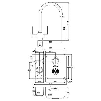 Abode Matrix 1.5 RH Bowl Undermount Kitchen Sink with Nexa Sink Tap 572mm L x 450mm W - Stainless Steel