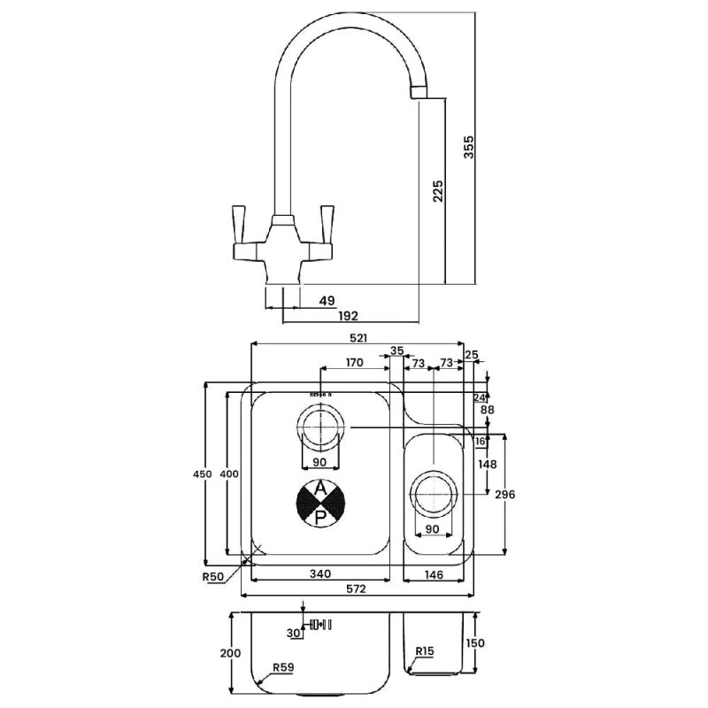 Abode Matrix 1.5 LH Bowl Undermount Kitchen Sink with Astral Sink Tap 572mm L x 450mm W - Stainless Steel