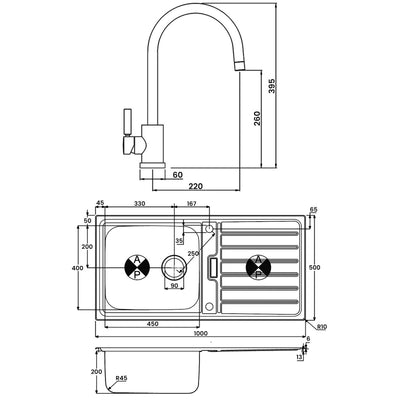 Abode Neron 1.0 Bowl Inset Kitchen Sink with Atlas Sink Tap 1000mm L x 500mm W - Stainless Steel