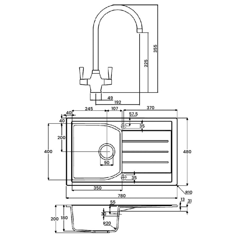 Abode Oriel 1.0 Bowl Granite Inset Kitchen Sink with Astral Sink Tap 780mm L x 480mm W - Black
