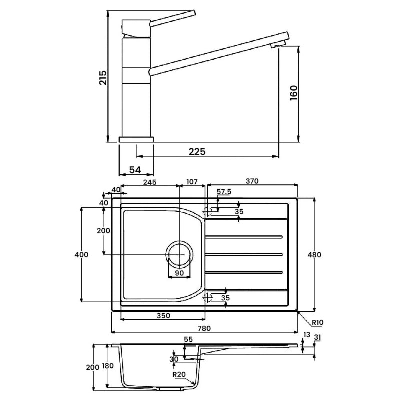 Abode Oriel 1.0 Bowl Granite Inset Kitchen Sink with Specto Sink Tap 780mm L x 480mm W - Black