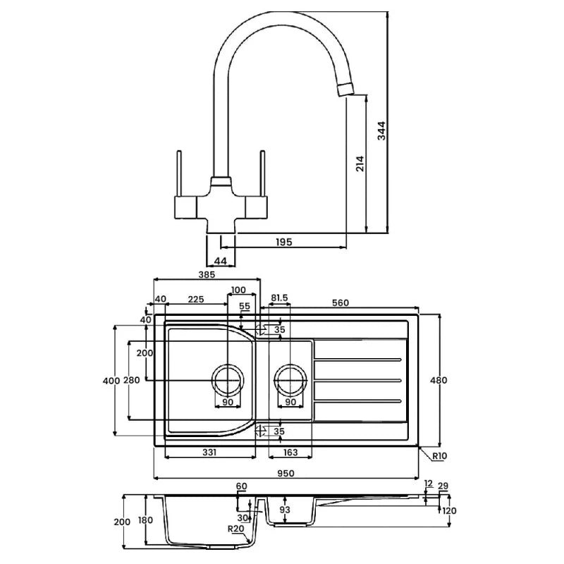 Abode Oriel 1.5 Bowl Granite Inset Kitchen Sink with Nexa Sink Tap 950mm L x 480mm W - Black