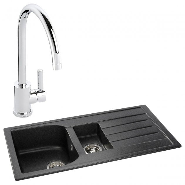 Abode Oriel 1.5 Bowl Granite Inset Kitchen Sink with Atlas Sink Tap 950mm L x 480mm W - Black