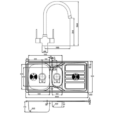 Abode Trydent 1.5 Bowl Inset Kitchen Sink with Nexa Sink Tap 1000mm L x 500mm W - Stainless Steel