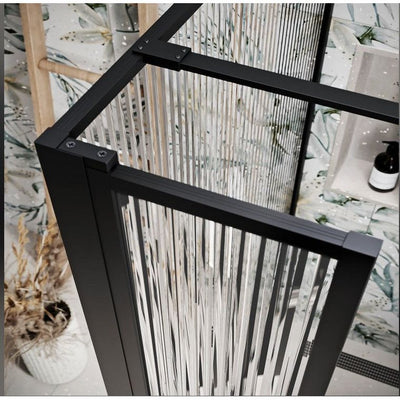 Hopper Black Fluted Glass Frame Shower Screen 1180mm & 300mm Single Frame Return Panel N23