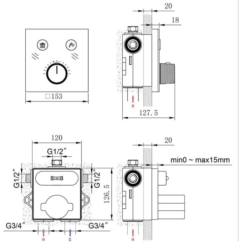 Monaco Dual Outlet Concealed Shower Valve - Glass Front