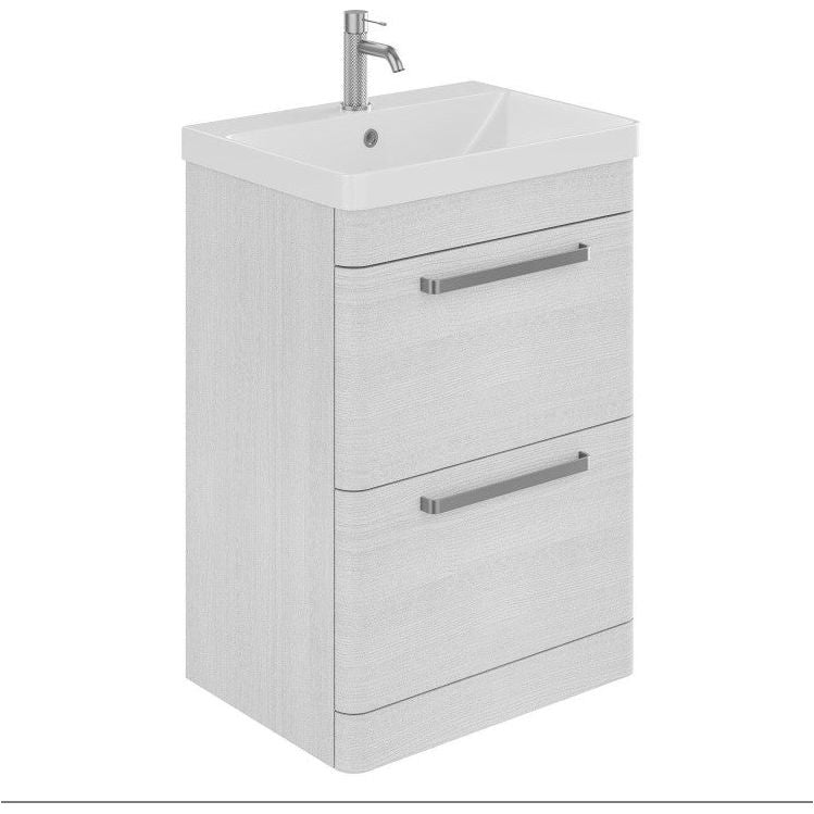 Elsa 600mm Floor Standing Vanity Unit & Basin in Textured White with Brushed Nickel Handles