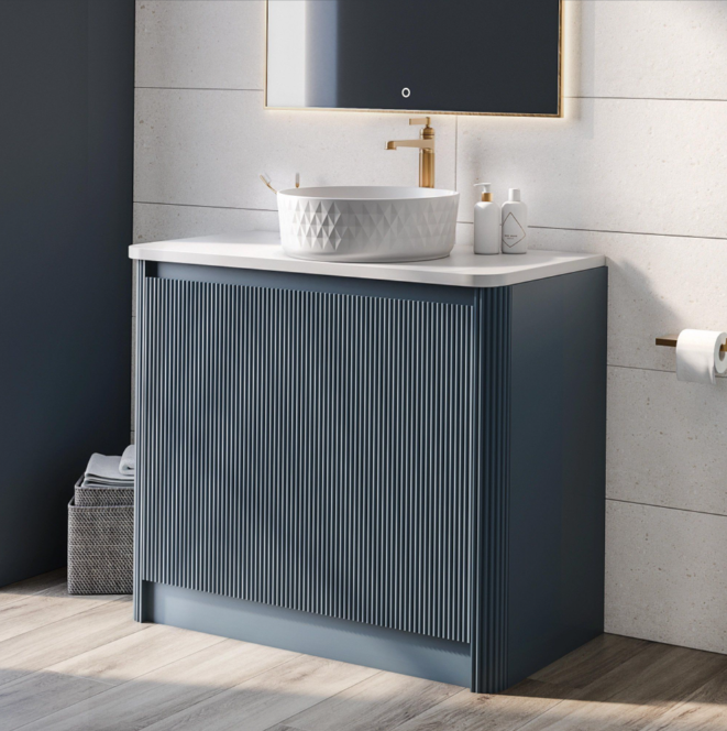 Jack 1000mm Ribbed Floorstanding Vanity Unit with Doors in Blue with White Worktop N23