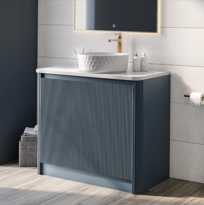 Jack 1000mm Ribbed Floorstanding Vanity Unit with Doors in Blue with White Worktop N23