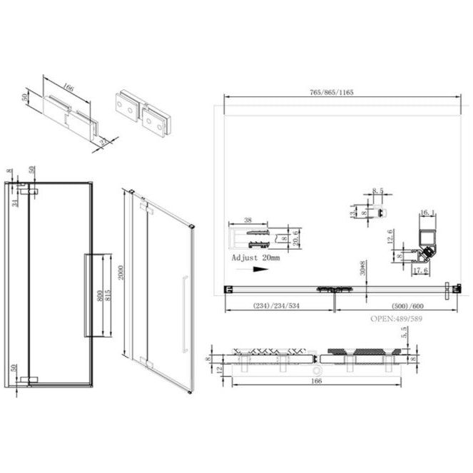 Gianna 800mm Black Hinged Shower Door
