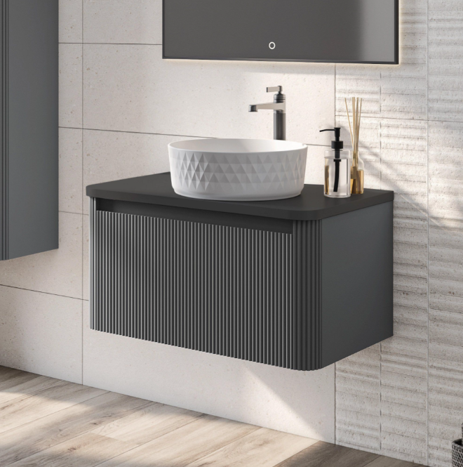 Jack 600mm Ribbed Wall Hung Vanity Unit in Charcoal with Black Worktop N23