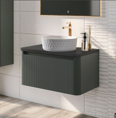 Jack 800mm Ribbed Wall Hung Vanity Unit in Green with Black Worktop N23