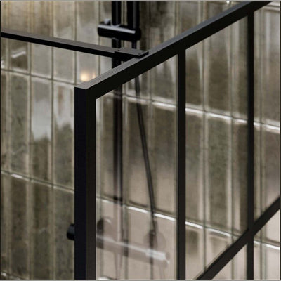 Hopper Black Grid Frame Crittall Shower Screen - 980mm