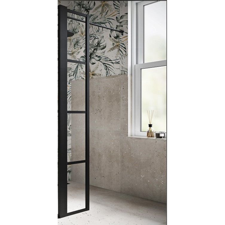 Hopper 980mm Black Grid Frame Crittall Shower Screen & 300mm Return Panel N23