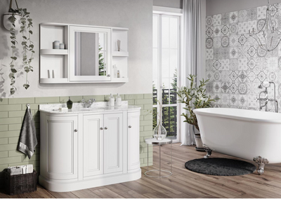 Louise 1200mm Curved Floor Standing Vanity Unit in Matt White with Worktop and Ceramic Basin