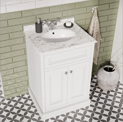 Louise 600mm Vanity Unit in Matt White with Marble Top and Ceramic Basin