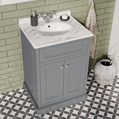 Louise 600mm Vanity Unit in Light Grey with Marble Top and Ceramic Basin