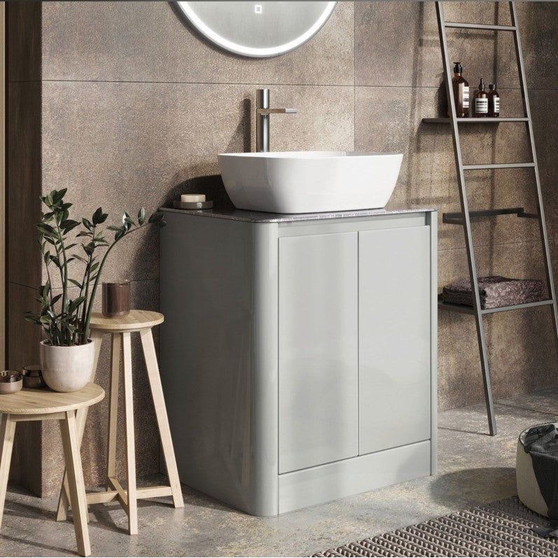 Lucy 650mm Floor Standing Vanity Unit in Light Grey Gloss with Grey Marble Worktop
