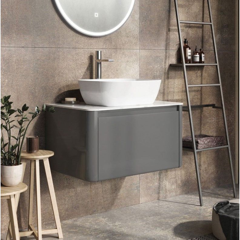 Lucy 650mm Wall Hung Vanity Unit in titanium Grey Gloss with White Marble Worktop