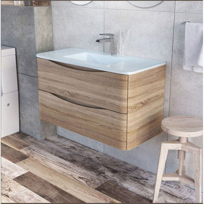 Montana 900mm Wall Hung Vanity Unit in Light Oak & White Glass Basin