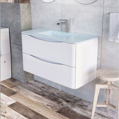 Montana 900mm Wall Hung Vanity Unit in Gloss White & White Glass Basin