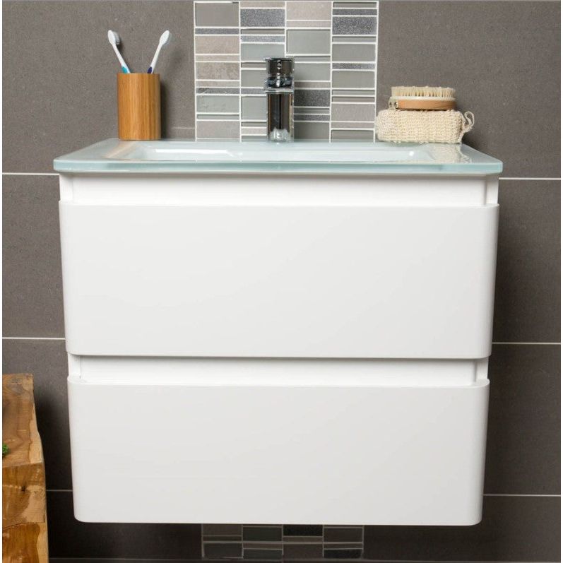 Nancy 600 Wall Mounted Vanity Unit & Opal Glass Basin in White Gloss