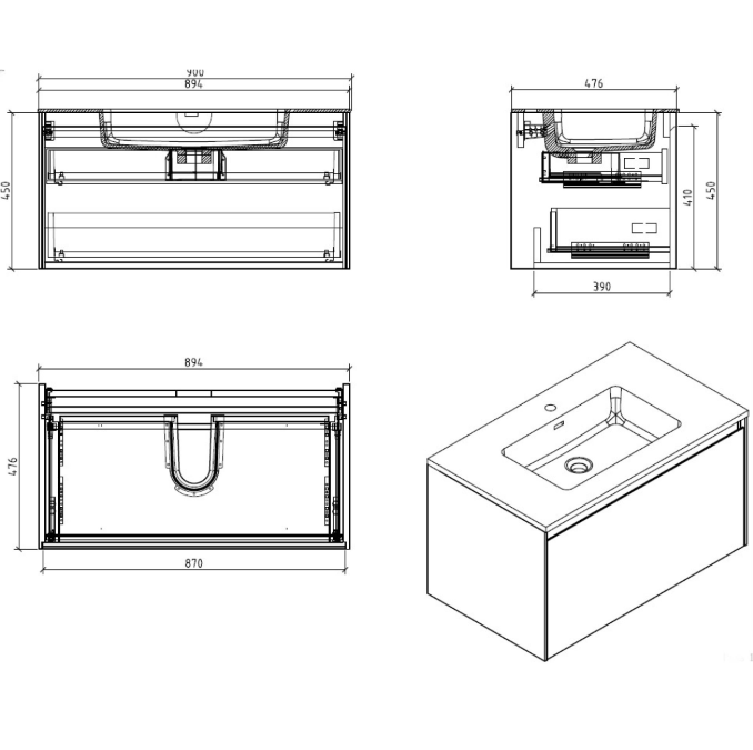 Oscar Wall Mounted Vanity Unit Concrete & Black Resin Basin 900mm