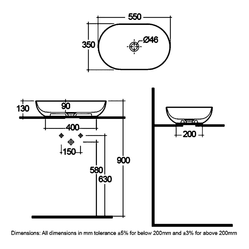 RAK Feeling Oval Countertop Wash Basin 550mm Wide - Matt Black