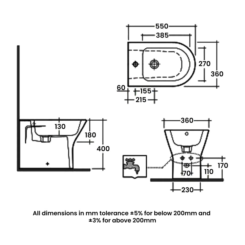 RAK Feeling Rimless Back to Wall Bidet 550mm Projection - Matt Greige