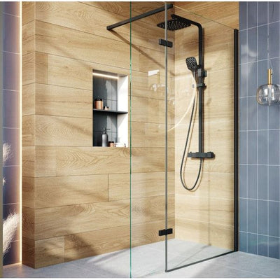 Roman Wetroom Walk in Glass Screens with Hinged Panel Black - 1000 + 350mm