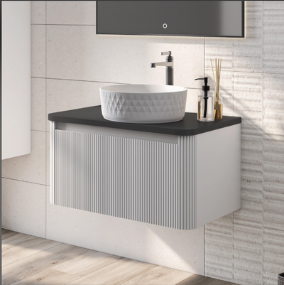 Jack 600mm Ribbed Wall Hung Vanity Unit in White with Black Worktop N23