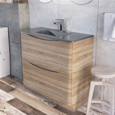 Montana 900mm Floorstanding Vanity Unit in Light Oak & Grey Glass Basin