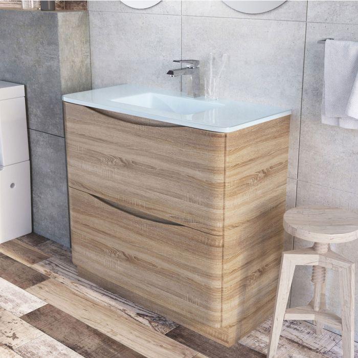 Montana 900mm Floorstanding Vanity Unit in Light Oak & White Glass Basin