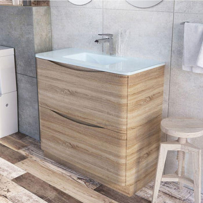 Montana 900mm Floorstanding Vanity Unit in Light Oak & White Glass Basin