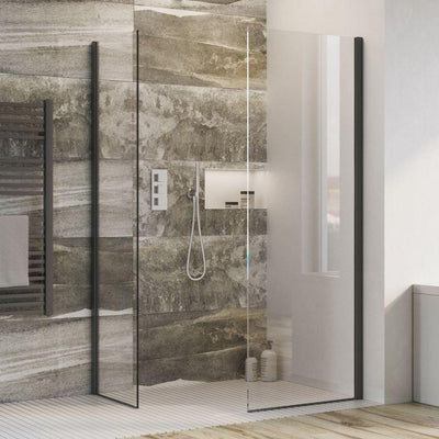 Cubuz Walk-in Fixed Clear Glass & Black Shower Screen - 680mm Shower Tray or Wetroom