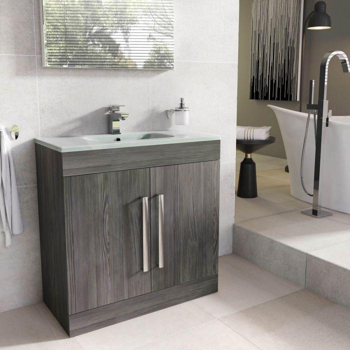 Veto 800mm Floor Standing Vanity Unit Dark Elm With White Glass Basin