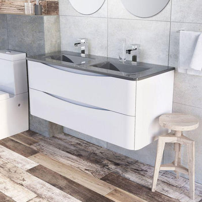 Montana 1200mm Wall Hung Vanity Unit in Gloss White & Grey Glass Basin