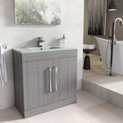 Veto 800mm Floor Standing Vanity Unit Grey Ash With White Glass Basin