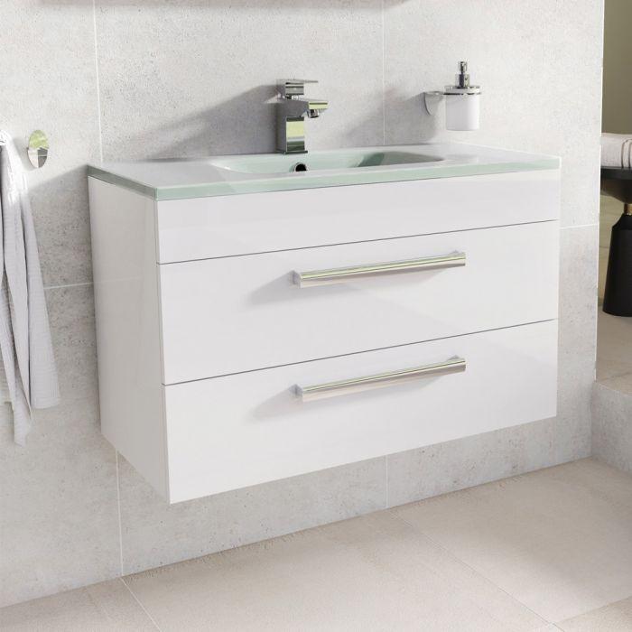 Veto 800mm Wall Mounted Vanity Unit White Gloss With White Glass Basin