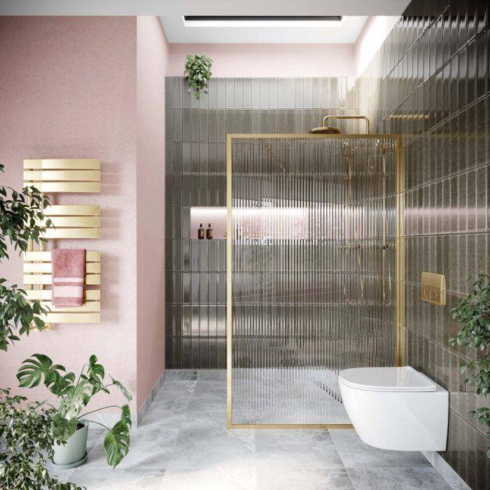 Hopper Brushed Gold Frame Shower Screen - Fluted Glass 1180mm
