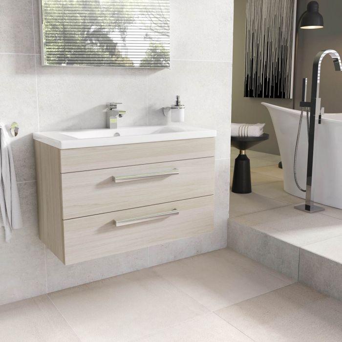 Veto 800mm Wall Mounted Vanity Unit Light Elm With Ceramic Basin