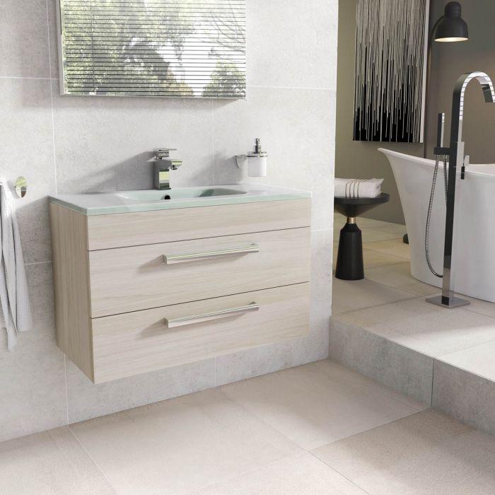Veto 800mm Wall Mounted Vanity Unit Light Elm With White Glass Basin