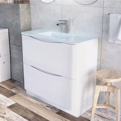 Montana 900mm Floorstanding Vanity Unit in Gloss White & White Glass Basin