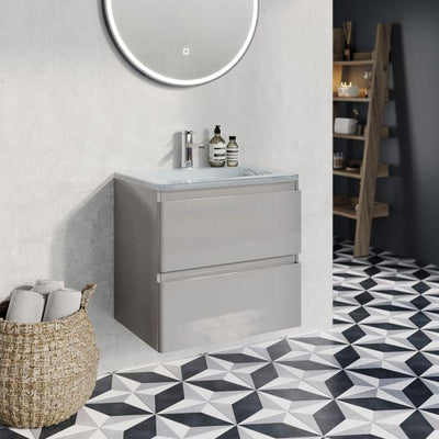 Nancy 600 Wall Mounted Vanity Unit & Opal Glass Basin in Light Grey Gloss