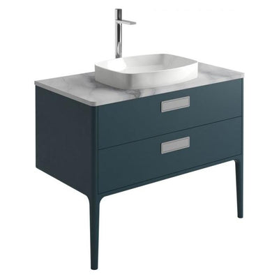 Sky 1000mm Vanity Unit With 2 Legs in Petrol Blue with White marble Worktop & Basin