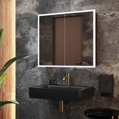 Thea LED Mirrored Bathroom Wall Double Door Cabinet 800mm - Black